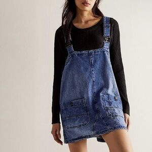 Free People We The Free Overall Smock Mini Top Dress Sapphire Wash Denim Blue